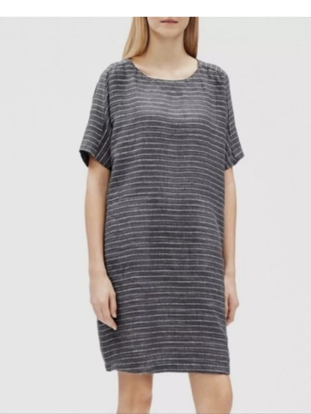 Eileen Fisher Organic Linen Delave Pinstripe Shift Dress Grey White Pockets S/P